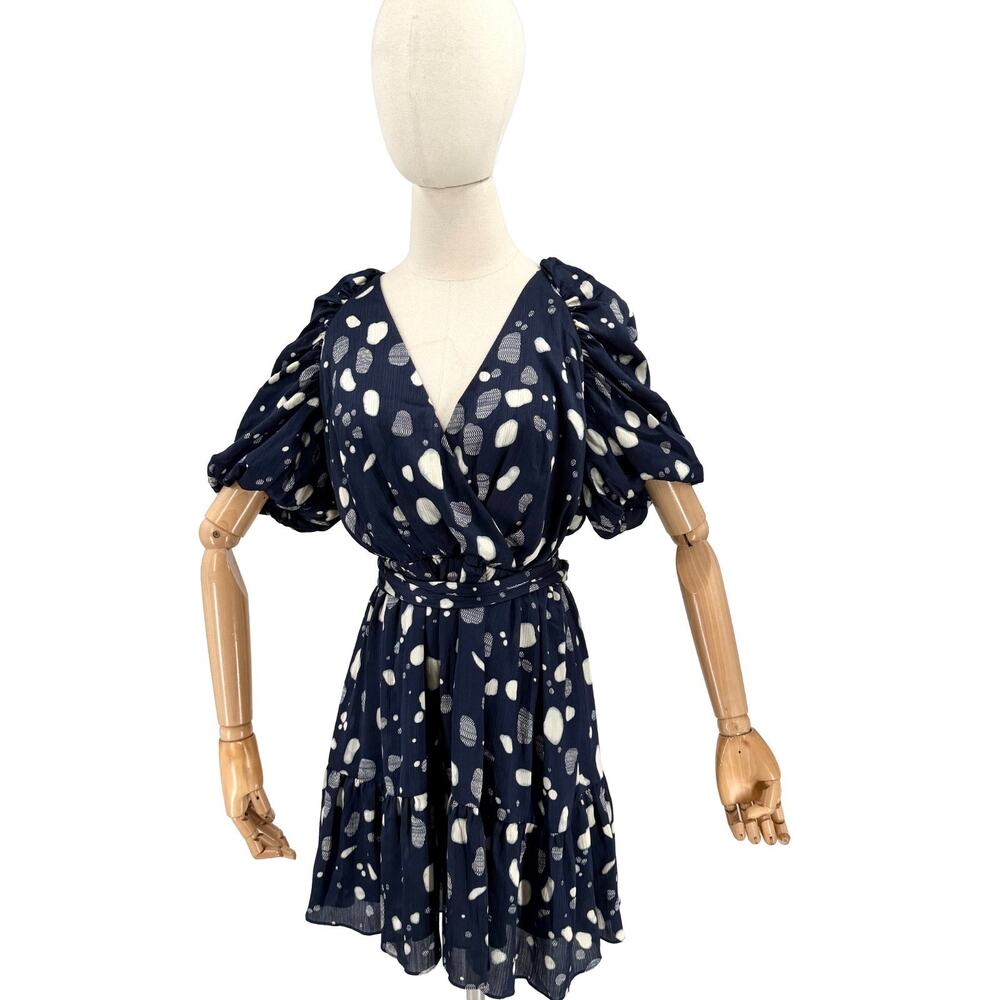 Ted Baker London Steviee Navy Polka Dot Puff Sleeve Wrap Mini Dress